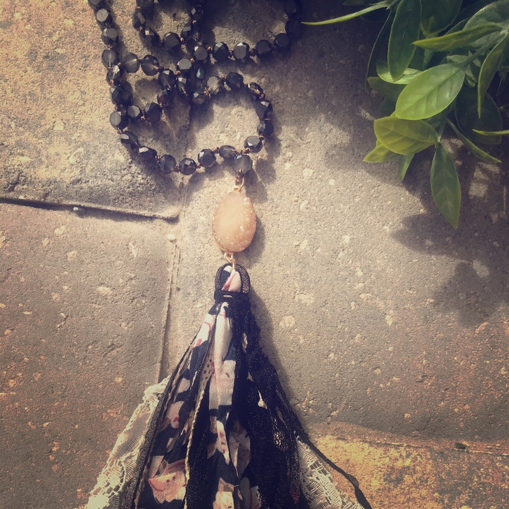 Midnight Black & White Druzy Tassel Necklace